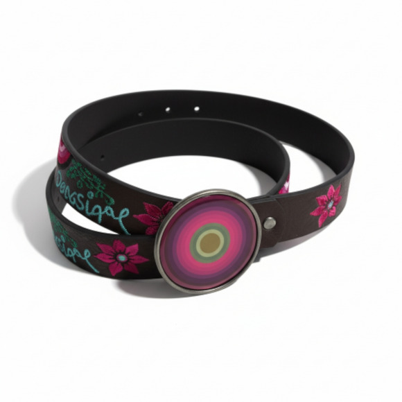 Desigual Embroidered Floral Belt Brown Faux Leather Statement Round Buckle Large - Picture 10 of 15